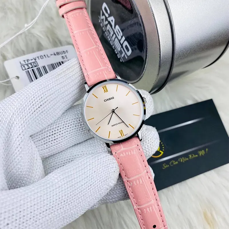 Casio Japan Quartz Cream Dial Pink Leather Ladies Watch- LTP-VT01L-4B